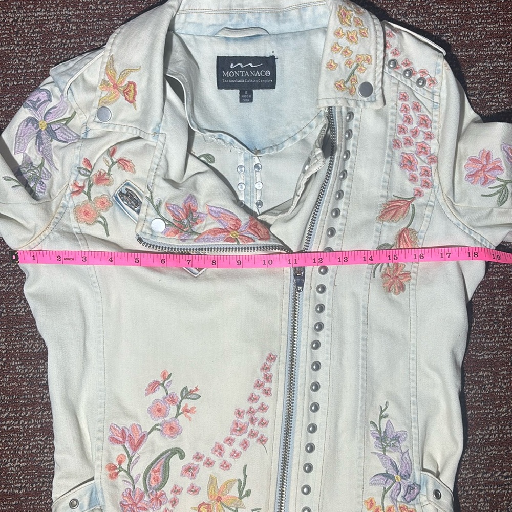 Montanaco Floral Embroidered denim moto Jacket country chic studded zip up - Picture 13 of 16